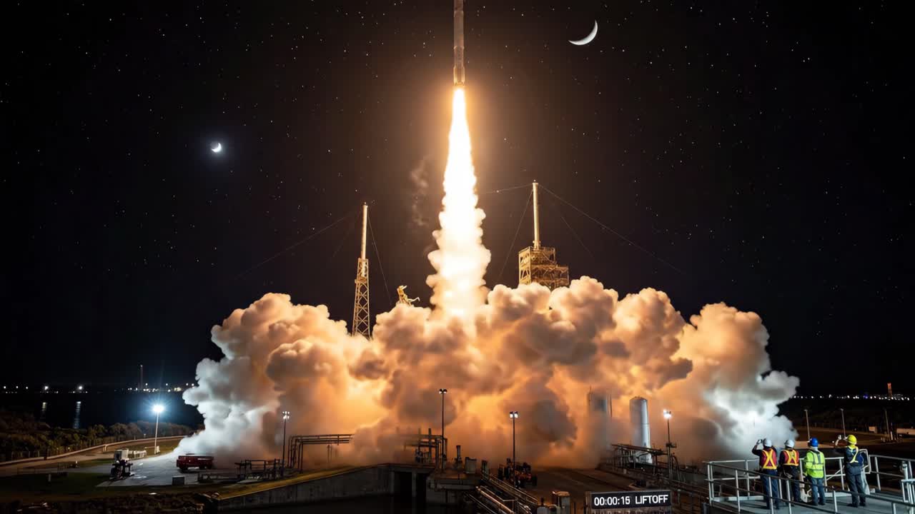Powerful Rocket Launching from Launchpad at Night Under Starry Sky