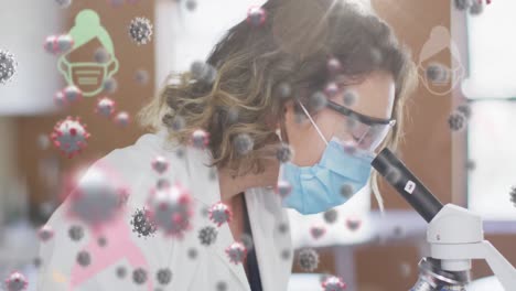 Animation-of-covid-19-cells-over-caucasian-female-scientist-using-microscope-and-holding-a-test-tube