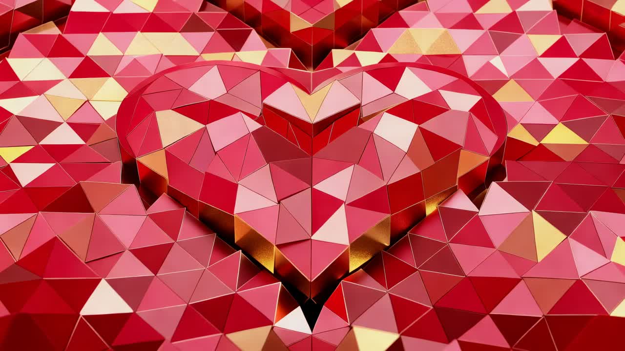 Light shifting, central heart lifting and tilting triangle panels in studio showing red gold facets