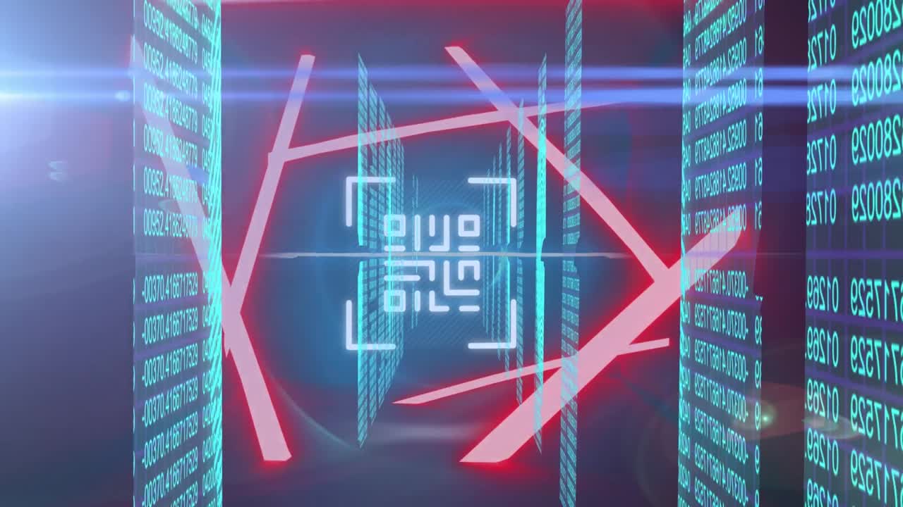 animación de neones rojos y código qr sobre codificación binaria