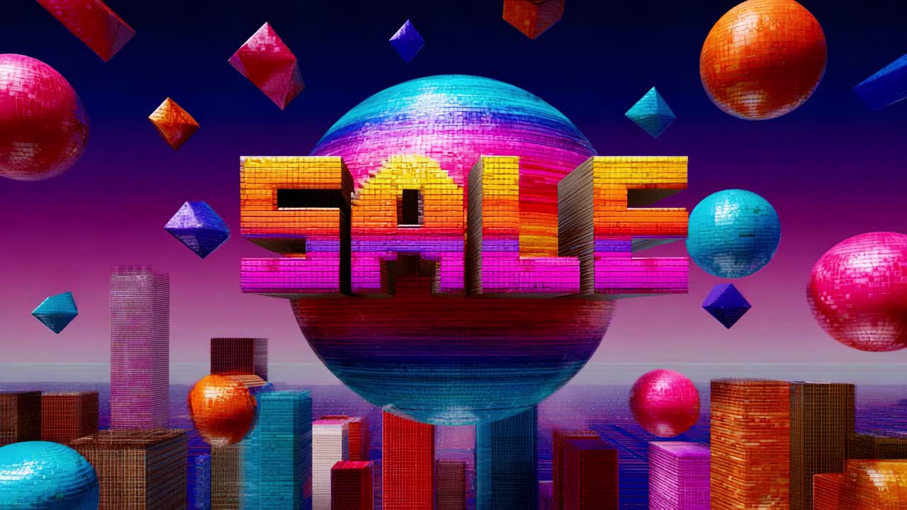 Vibrant Motion Graphics Displaying a Dynamic 'SALE' Announcement in a Colorful 3D Environment Filled with Geometric Shapes and Vivid Textures, Perfect for Promotional Campaigns