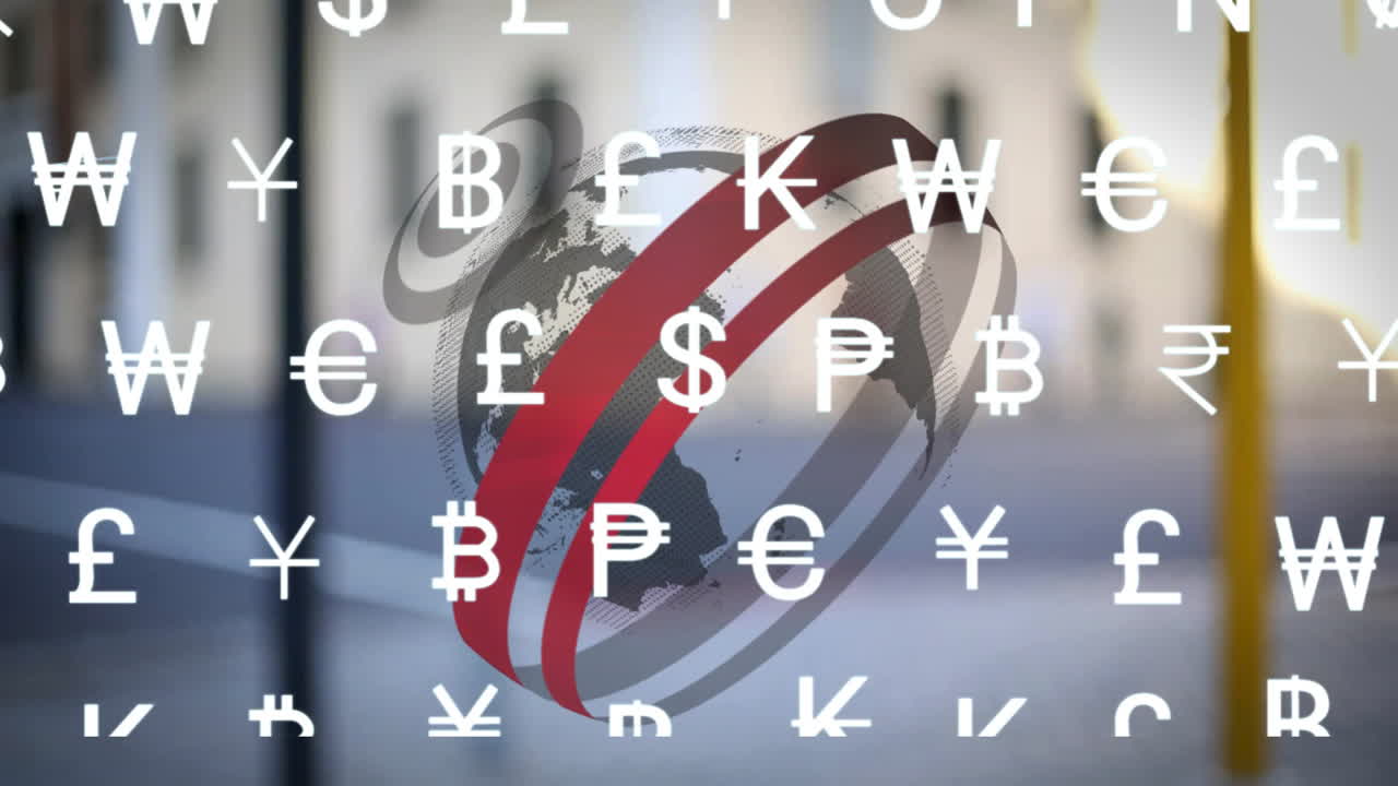 Displaying central 3D globe wrapped by red gray ribbons, floating currency icons filling grid