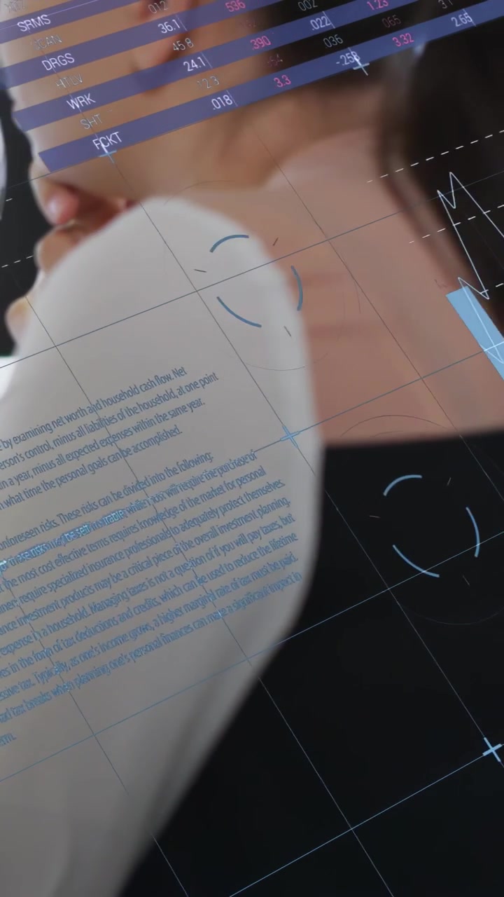 Vertical video: Man chin resting closeup, data feed driving charts HUD passing over arm for finance