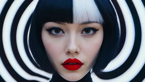 a woman with black and white hair and red lipstick