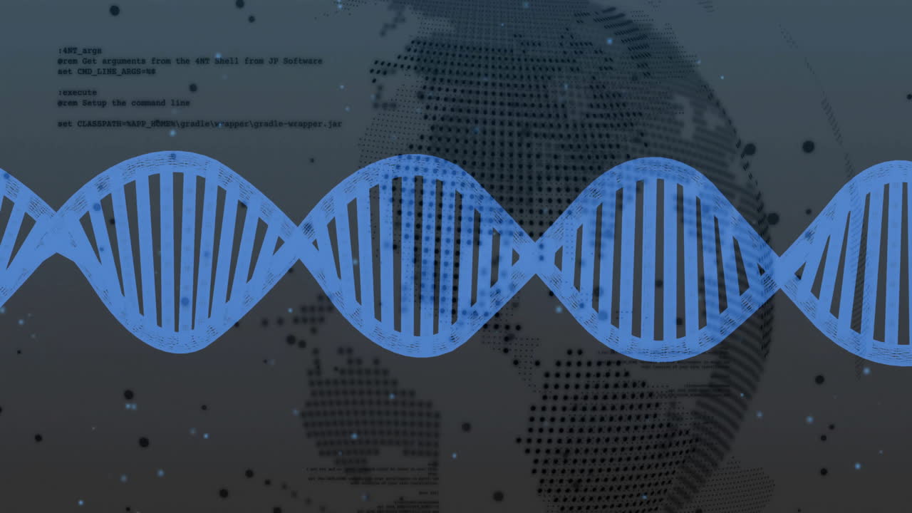 DNA strand animation over digital world map and binary coding