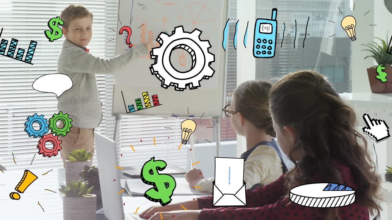 animación de iconos de negocios sobre niños caucásicos en la oficina