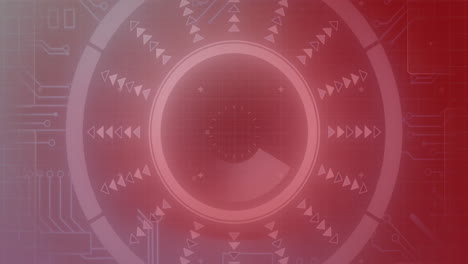 animation of circular scanner processing over motherboard network on dark red background