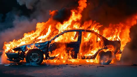 a burnt out car on fire on the side of the road