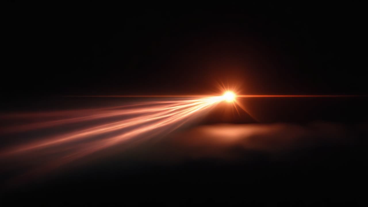 Un'esplosione di luce ipnotica emana da una fonte vibrante, proiettando fasci dinamici che squarciano l'oscurità, creando un enigmatico spettacolo visivo di illuminazione.