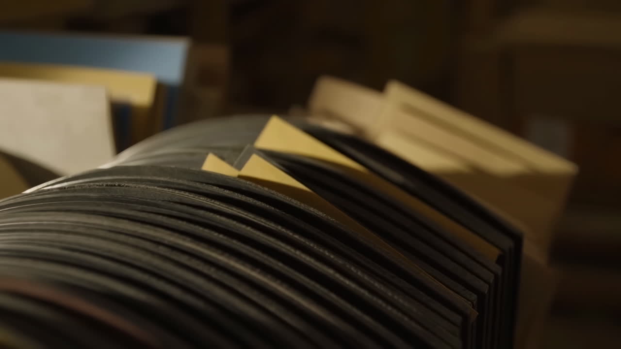 Detailní záběr řad vinylových desek a obalů v teplém archivním osvětlení, texturované hřbety a drážky evokují hudbu.