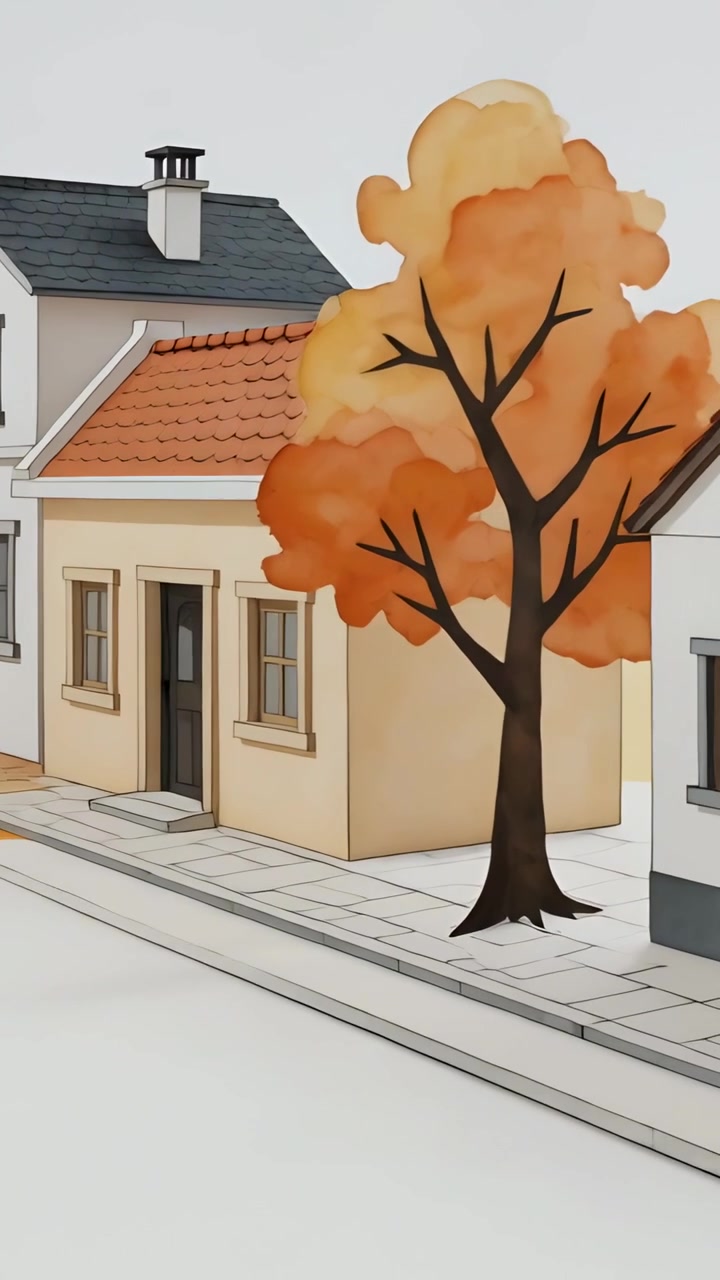 Vertikal video: Akvarelfarve spreder sig og viser huse med tegltag, et appelsintræ danner en gadescene.