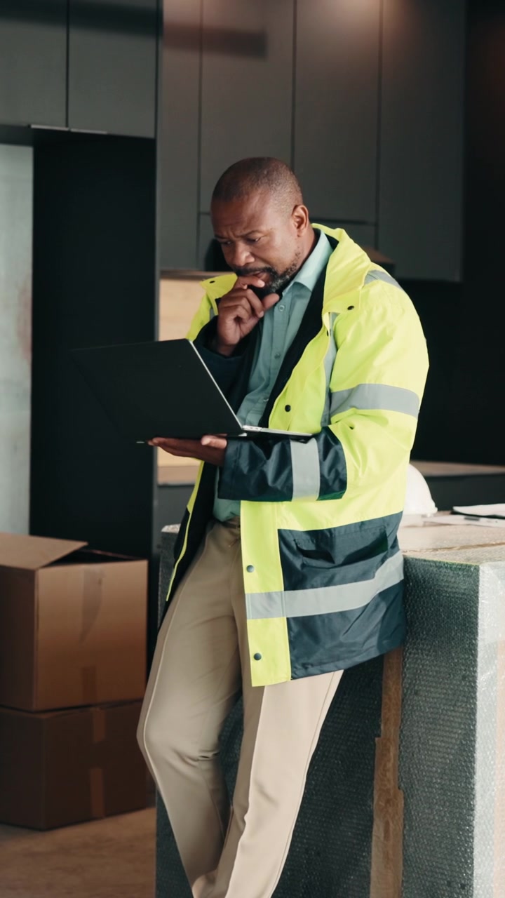 Construction Manager Reviewing Project Plans on Laptop at Building Site