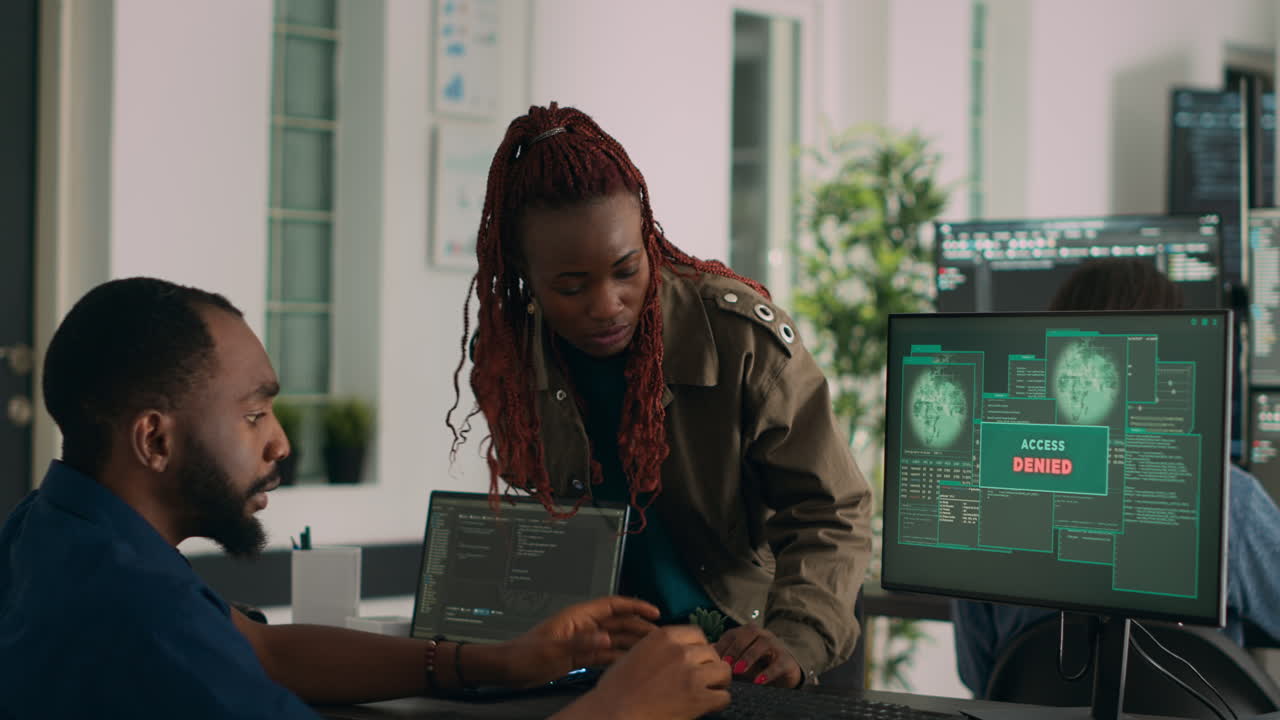 African american engineers programming code encountering system error