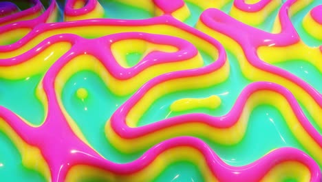 looped festive liquid bg in 4k. abstract golvend patroon op helder glanzend oppervlak, vloeibare gradiënt regenboogkleur, golven op verfvloeistof in gladde animatie. glitters op viskeuze 3d vloeistof. creatief backdro