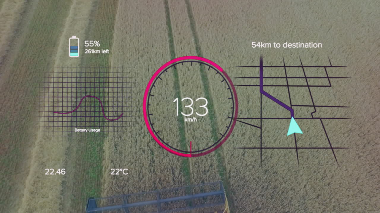 AR overlay dashboard being displayed over aerial wheat field, showing speedometer, battery, map