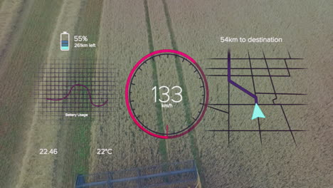 ar overlay dashboard being displayed over aerial wheat field, showing speedometer, battery, map