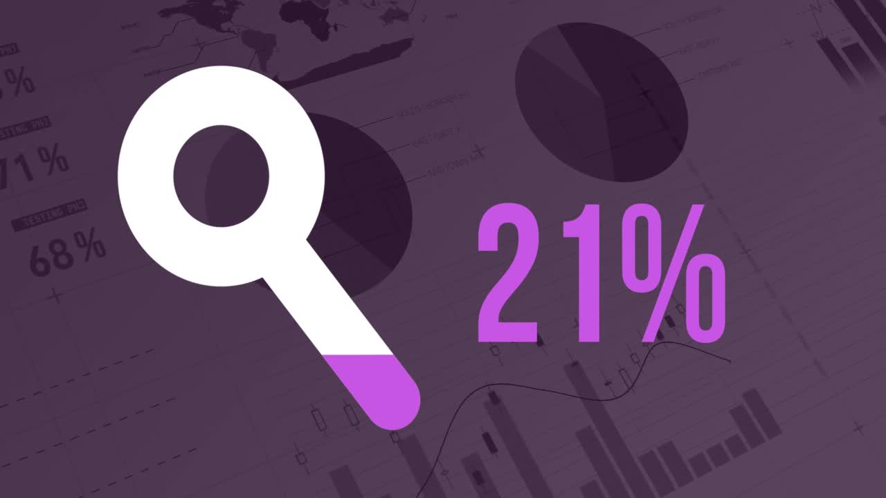 Search progress with magnifying glass shape and rising percentage on dark purple background with dat