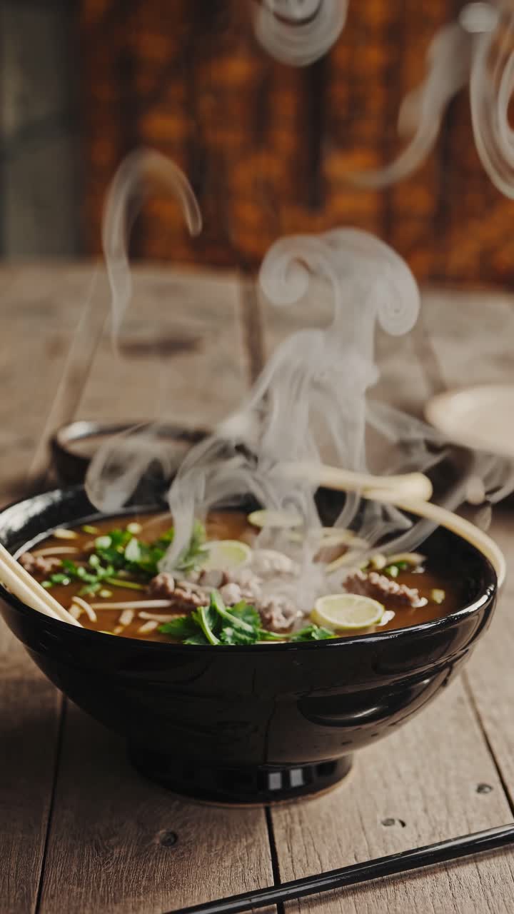 Un video ravvicinato con angolazione della camera cattura un ramen fumante in una ciotola nera su un tavolo rustico di legno
