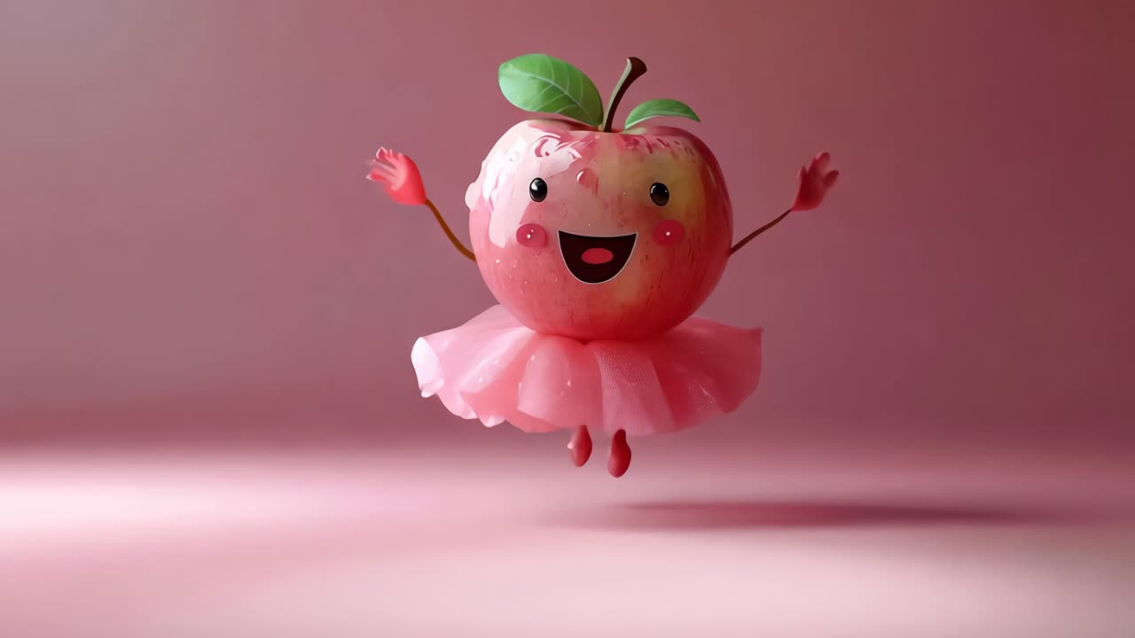 A cartoon apple is wearing a pink tutu and is smiling.