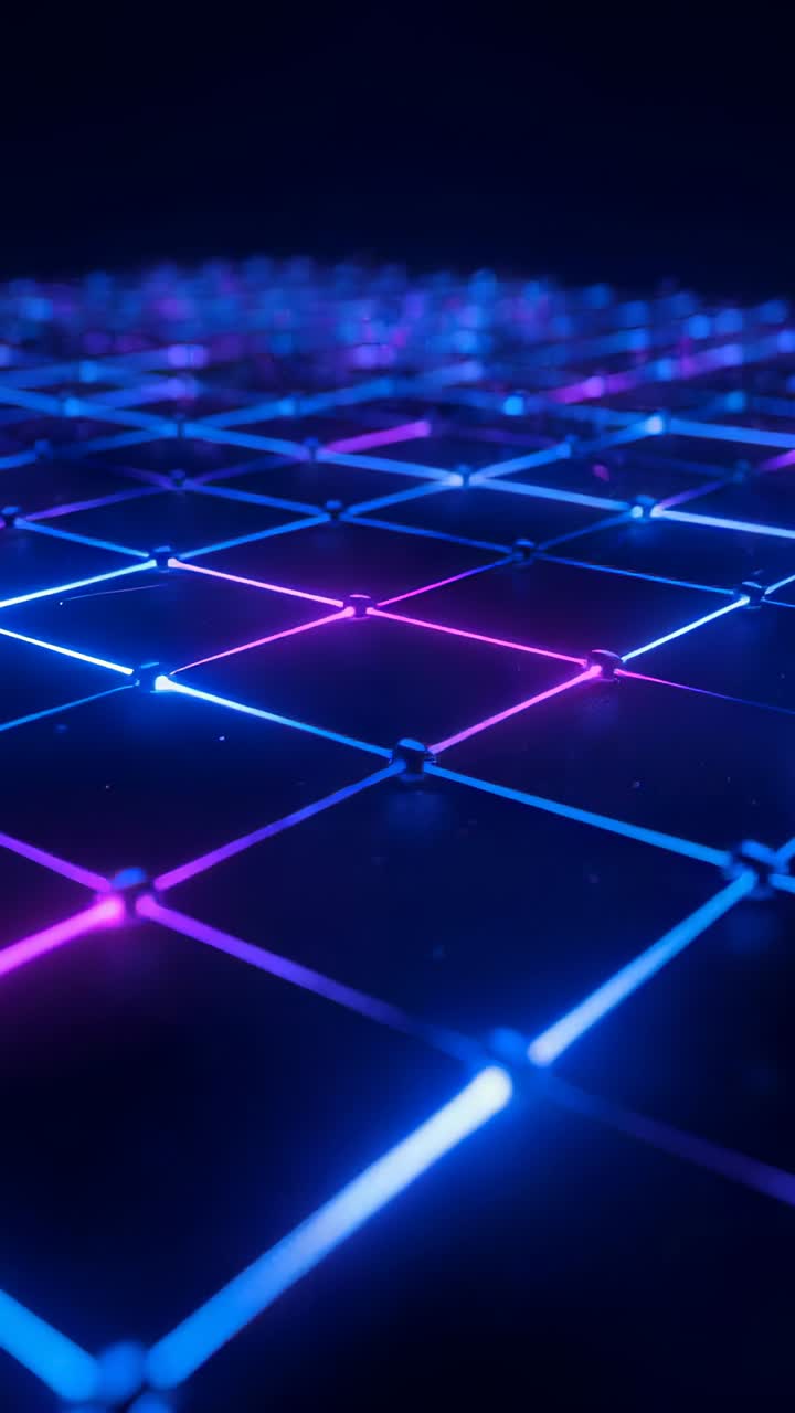 Vertical video: Playback starting camera ascending across neon grid, with lines, metallic nodes