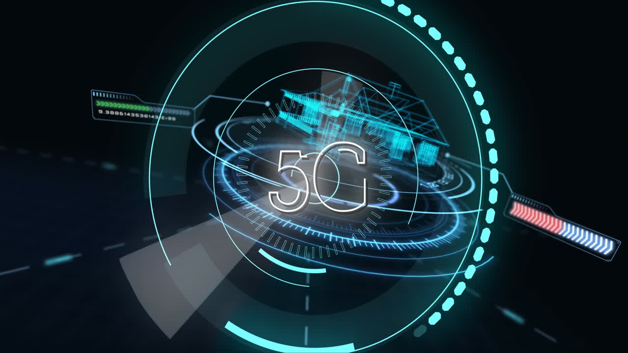 5g scritto nel mezzo di un cerchio futuristico e un contorno di una casa 4k