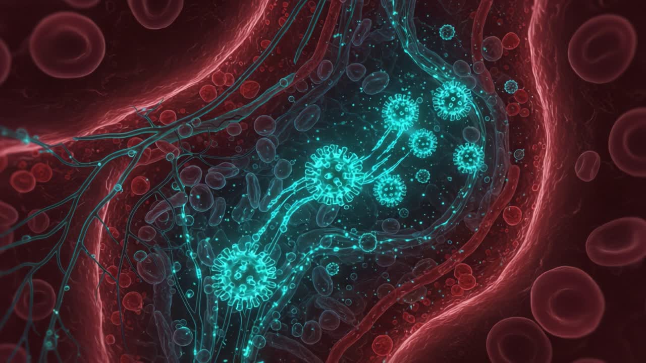 Microscopic Visualization of Viral Structures Traveling Through Blood Vessels: A Detailed Look at Pathogen Interactions and Immune Responses