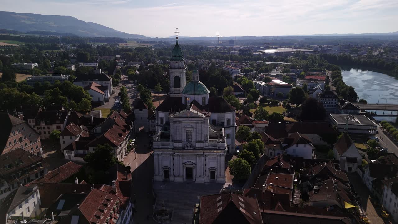 Cathedral of St. Ursus Solothurn prominent landmark in Switzerland, aerial drone