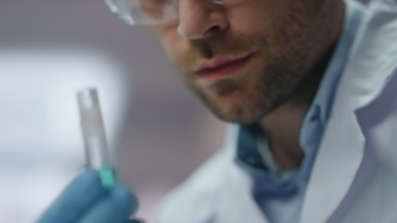 Primo piano delle mani di un medico che prelevano un campione di vaccino in provetta, lavorando in laboratorio.