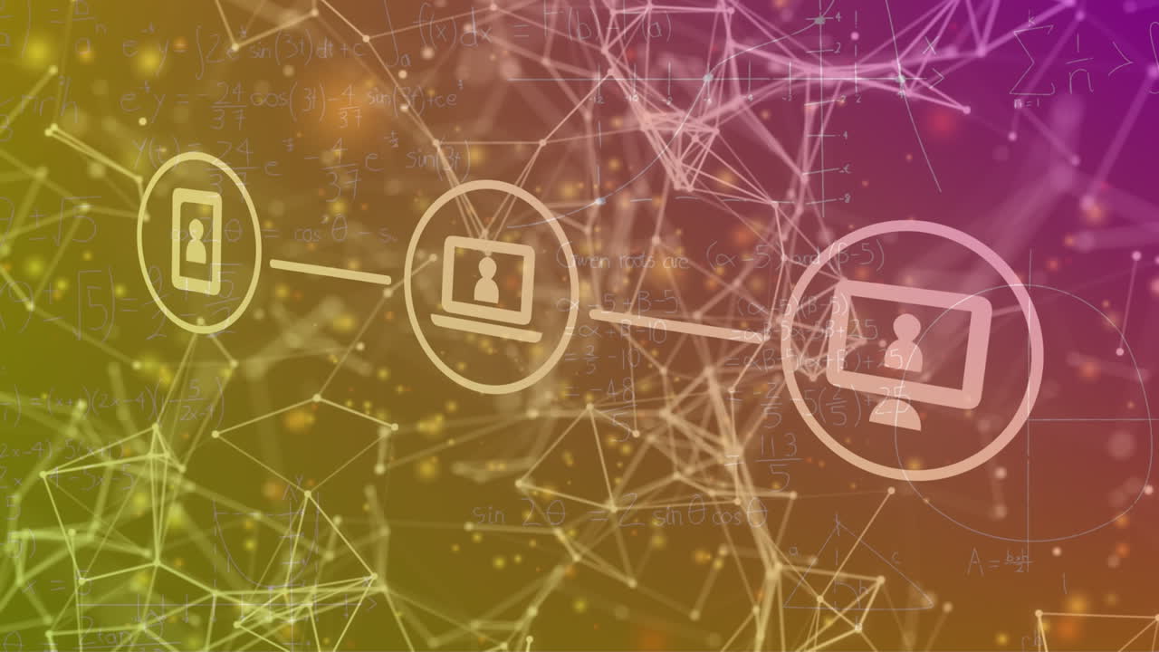 animación de iconos técnicos, conexiones y formas en fondo amarillo y rosa