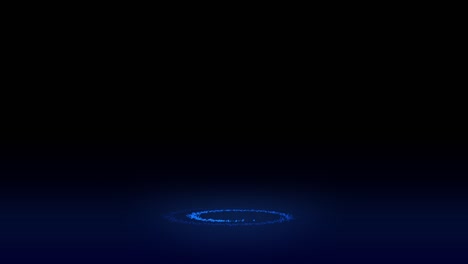 animation about glowing particles. the blue particles form a circle and gradually spread outward on the ground. the background is black.