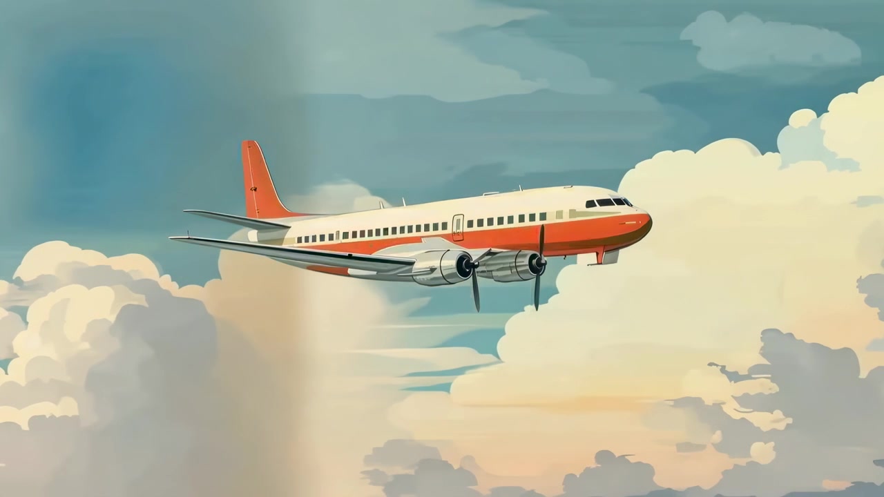 Animerat retro propellerflygplan som flyger genom moln