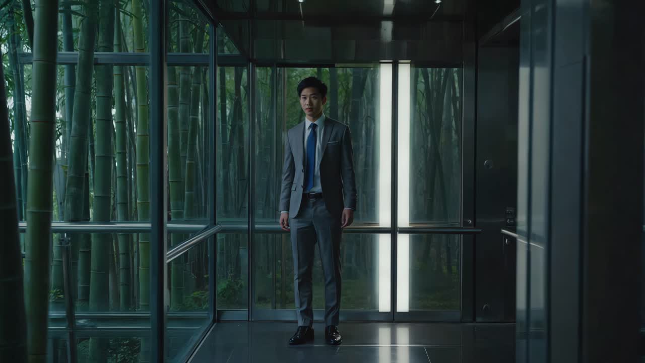 Man in Suit in Modern Elevator with Bamboo Garden View