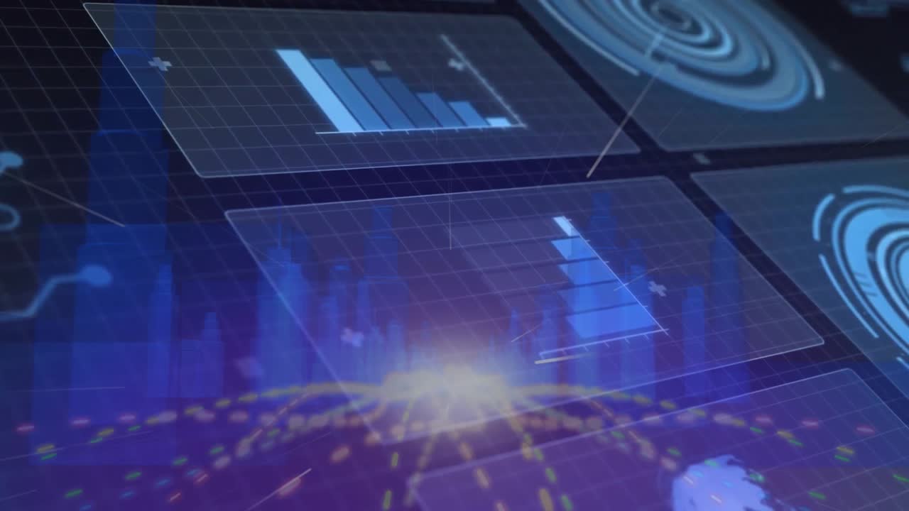 After loading hologram panels floating, charts updating and golden network pulsing, showing data