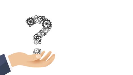 mano con un signo de interrogación hecho de engranajes - concepto misterioso