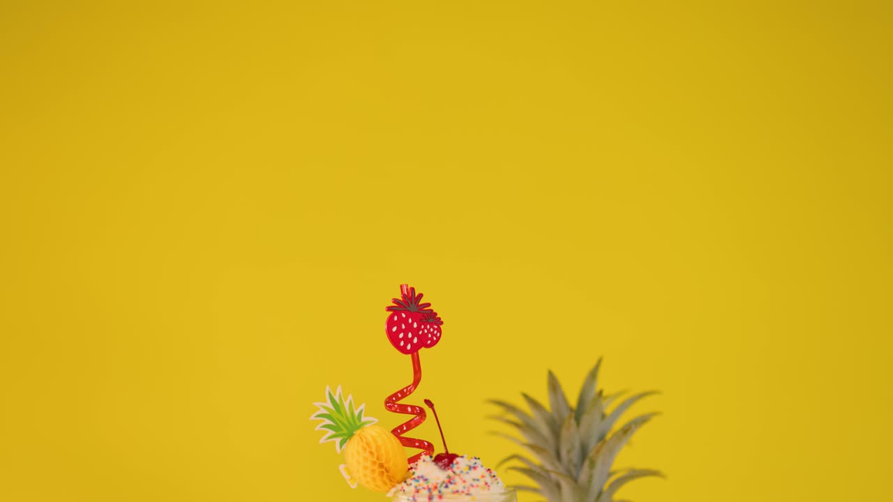 Camera slowly pulls back, revealing pineapple milkshake, whipped cream, and tropical fruit on vibrant yellow
