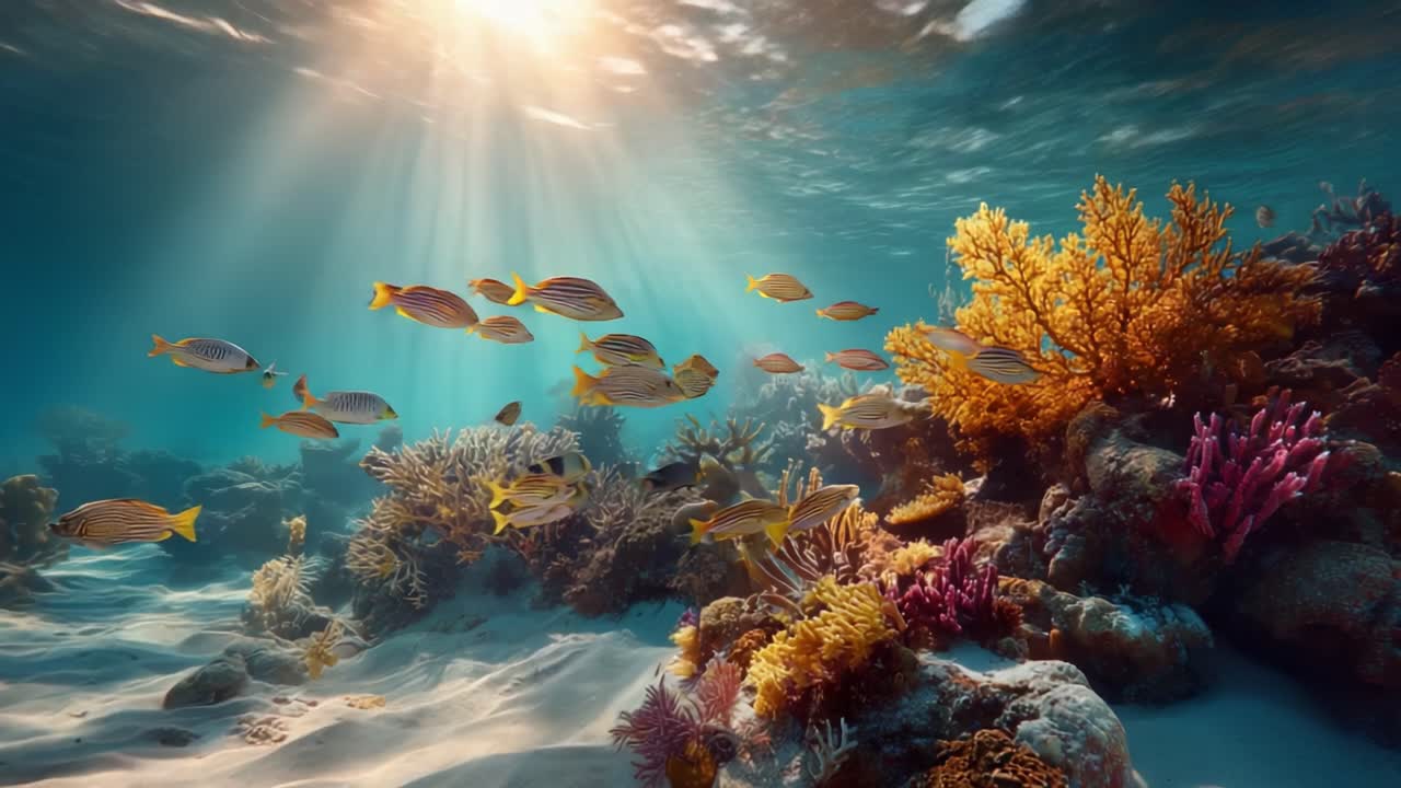 Breathtaking Underwater Scene with Vibrant Coral Reefs and Colorful Fish Swimming Through Sunlit Ocean Waters