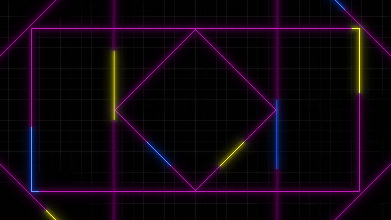 보라색, 파란색, 노란색 의 삼각형 과 사각형 을 가진 대칭적 인 기하학적 패턴