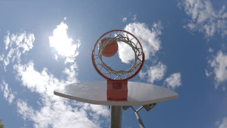 basketball game unique angle of ball being shot into hoop