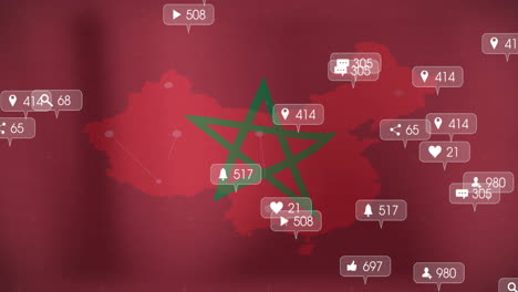 social media interaction icons animation over map of morocco