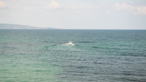 A-light-boat-swims-quickly-in-the-sea-in-the-morning