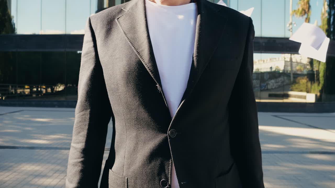 Businessman checking documents outside, Man boss CEO employee in formal outfit holding and reading CV, getting ready for job interview, standing outdoors on the street