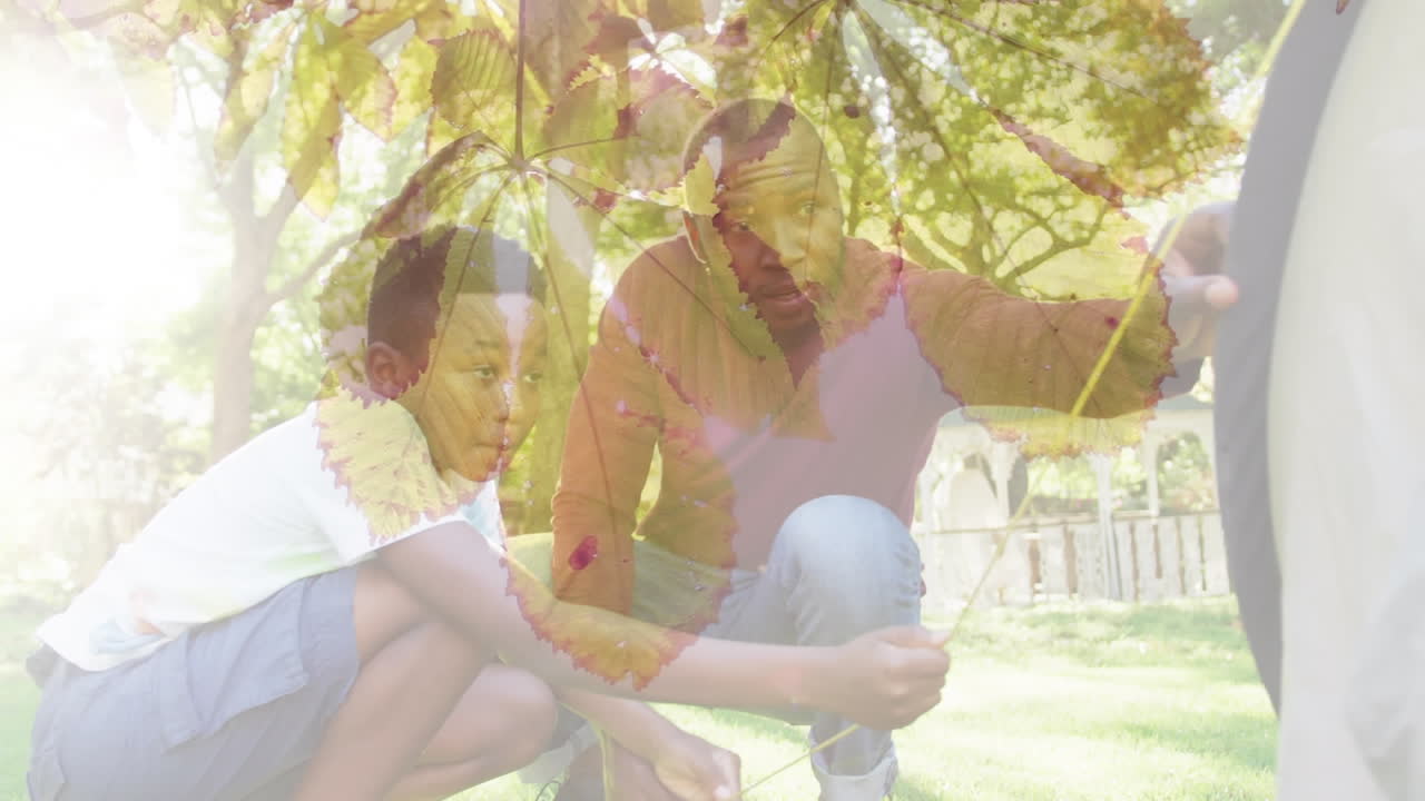 animación de un padre y un hijo afroamericanos preparando una tienda sobre hojas