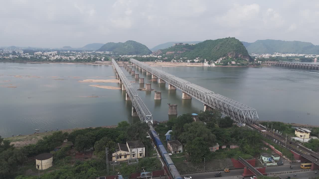 Aerial View of Vijayawada Railway Bridge over Krishna River, India