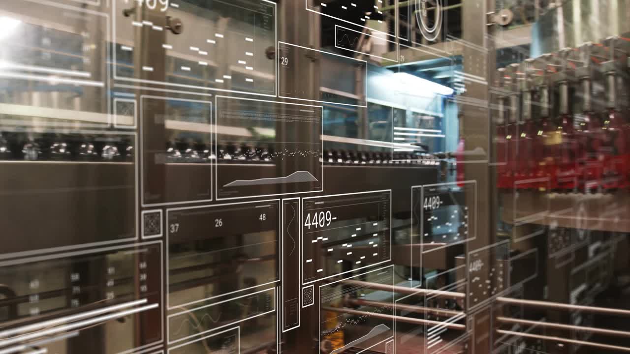 Kameraet panorerer over glas-interface, der opdaterer målere, mens det afslører interiøret i et aftapningsanlæg