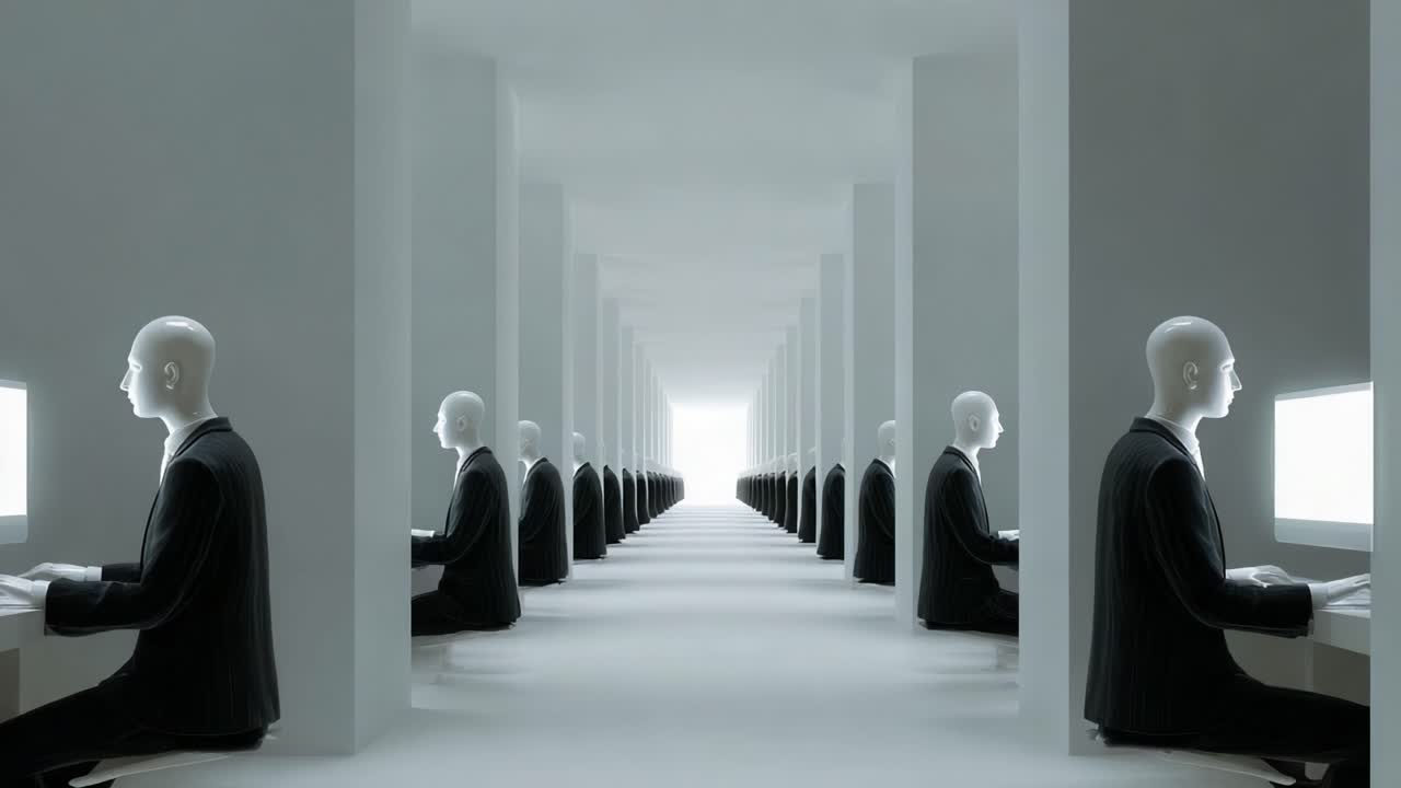 A visually striking depiction of a long corridor filled with identical figures sitting at desks, all focused on glowing screens, embodying themes of uniformity, technology, and isolation in a modern setting