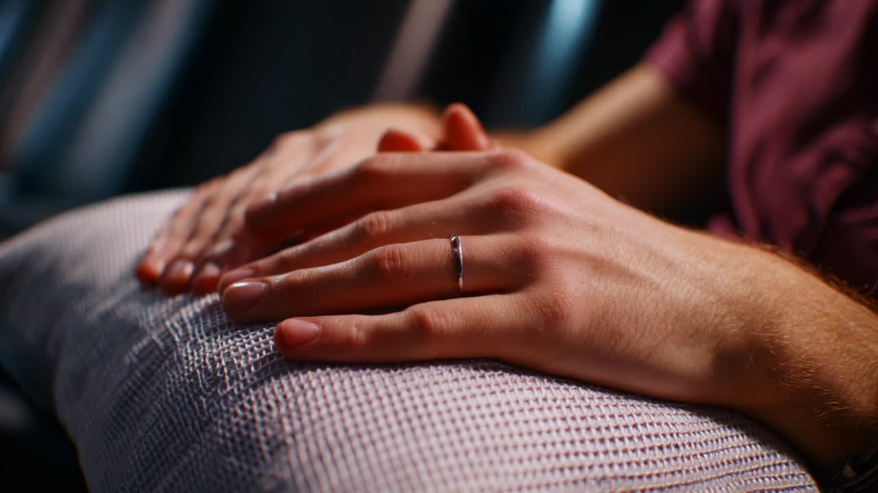 A Close-Up of Hands Resting Comfortably on a Textured Pillow, Showcasing Subtle Details of the Skin and a Silver Ring, Capturing a Moment of Tranquility in a Relaxed Environment