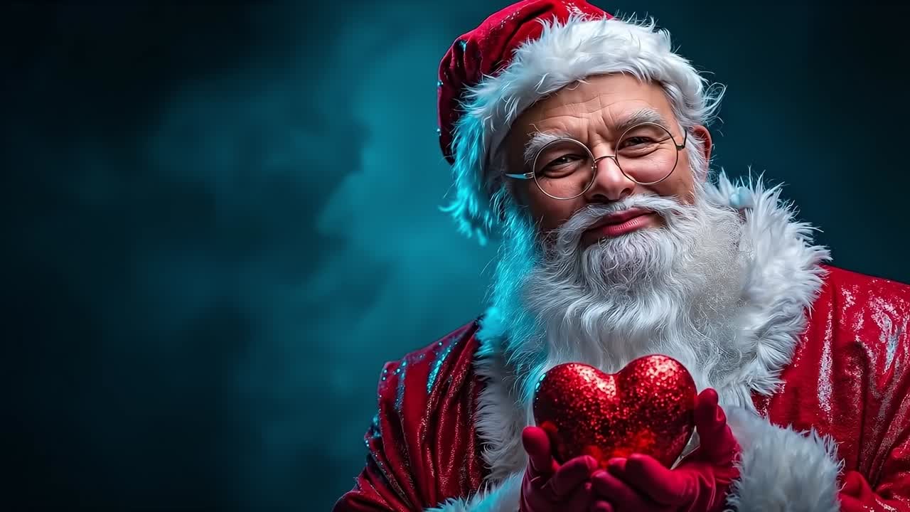 A man dressed as Santa Claus holding a red heart in his hands