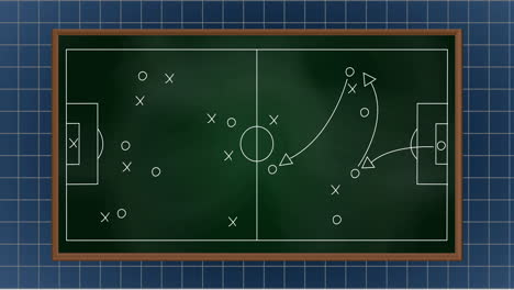 Animation of arrow on soccer court with grid pattern on blue background