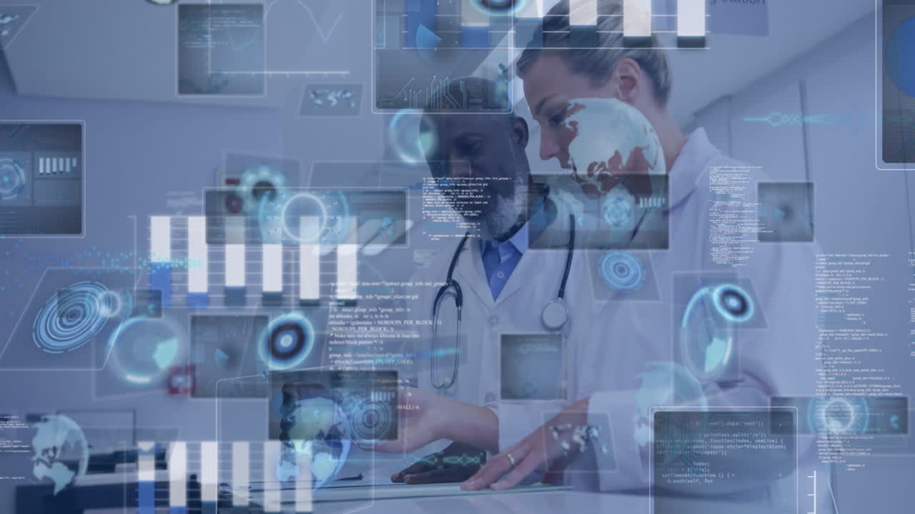 Two doctors reviewing patient data in medical lab, with floating holographic charts and world maps