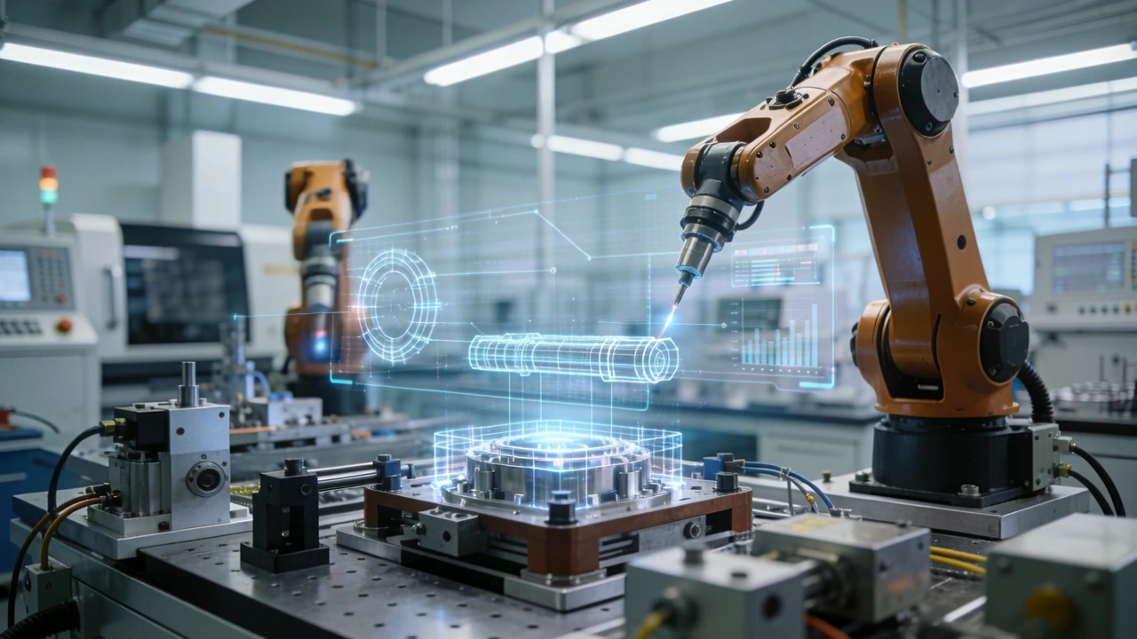 Bracci robotici arancioni che si allineano seguendo un gemello olografico rotante in una cella di fabbrica, guidando gli utensili.